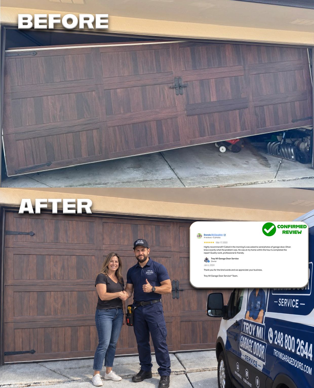 A real before-and-after off-track garage door repair